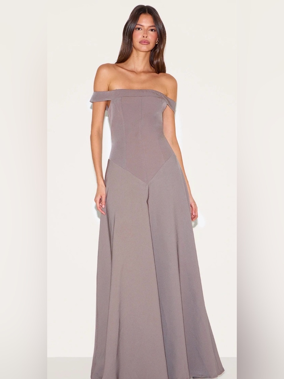 PrettyLittleThing Off-Shoulder Maxi Dress Brown Size 10 New with tag